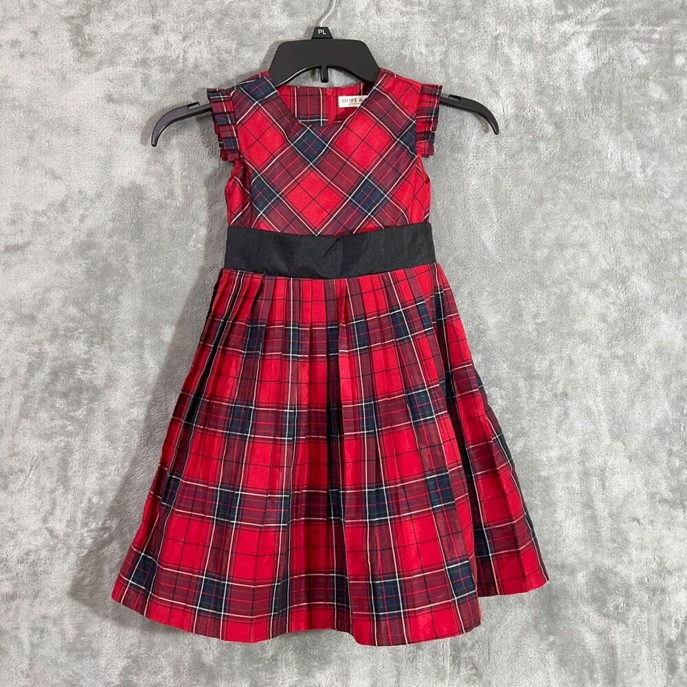 Hope & Henry Holiday Dress Girls size 5 Red Tartan Plaid Pleated Ruffle lined